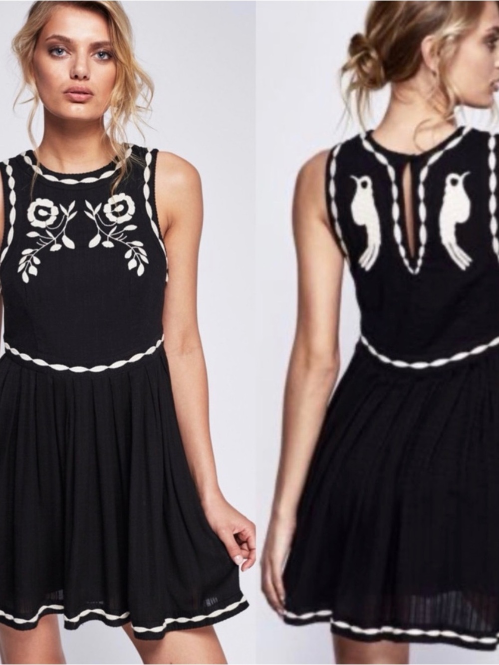 Free People Dress Womens 2 Delightful Birds Of A Feather Embroidered Flare Black